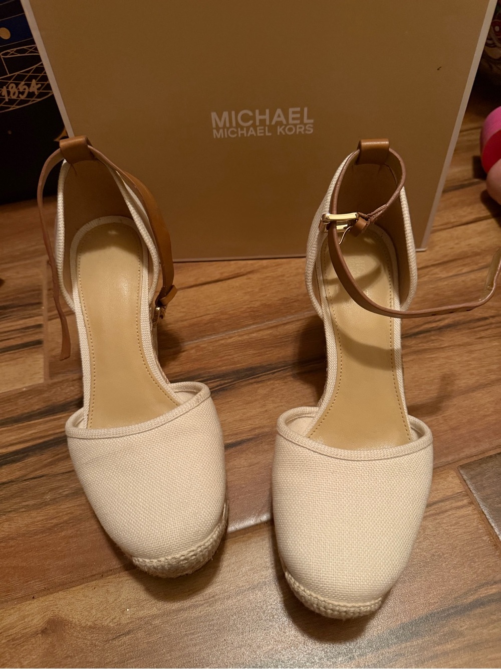 MICHAEL Michael Kors Cream Canvas Espadrille Wedge Sandals with Tan Ankle Strap